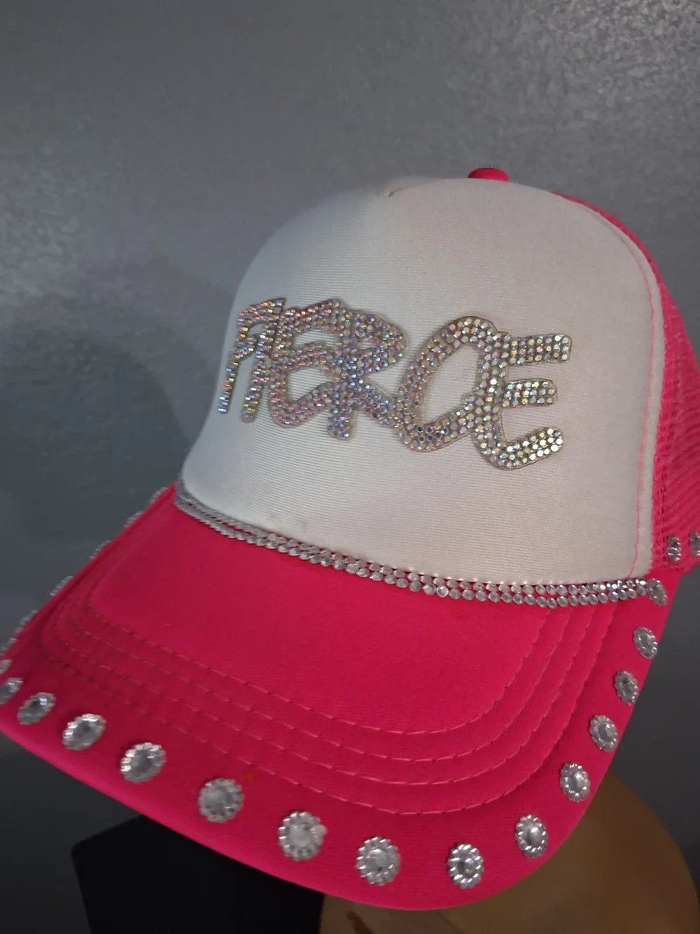 Hand Crafted Fierce Embellished Trucker Hat - Hot Pink & White